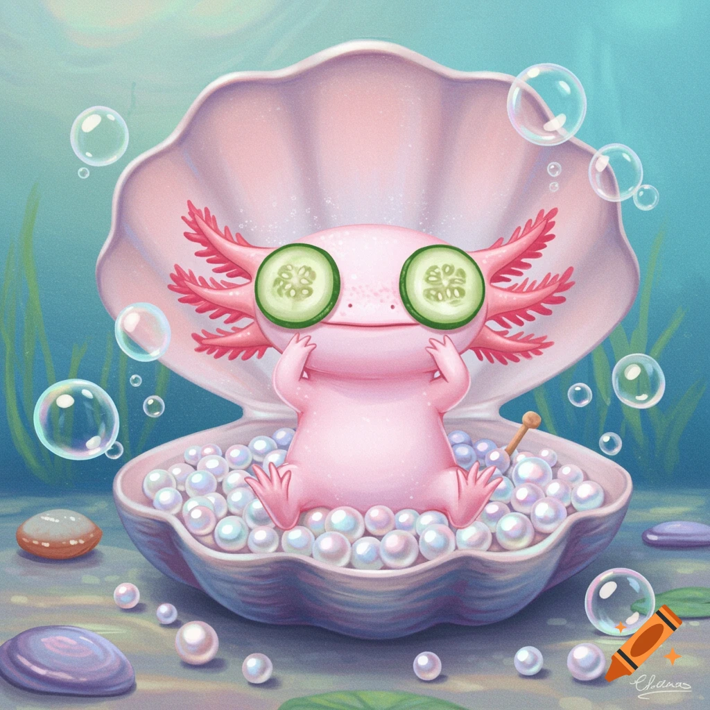 A cute pink axolotl relaxes in a large seashell filled with pearls, wearing cucumber slices on its eyes, underwater with bubbles.