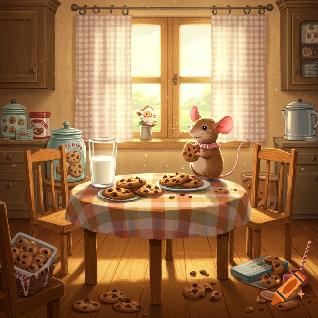A cute mouse holds a cookie on a kitchen table filled with milk and cookies in a warm, illustrated style.