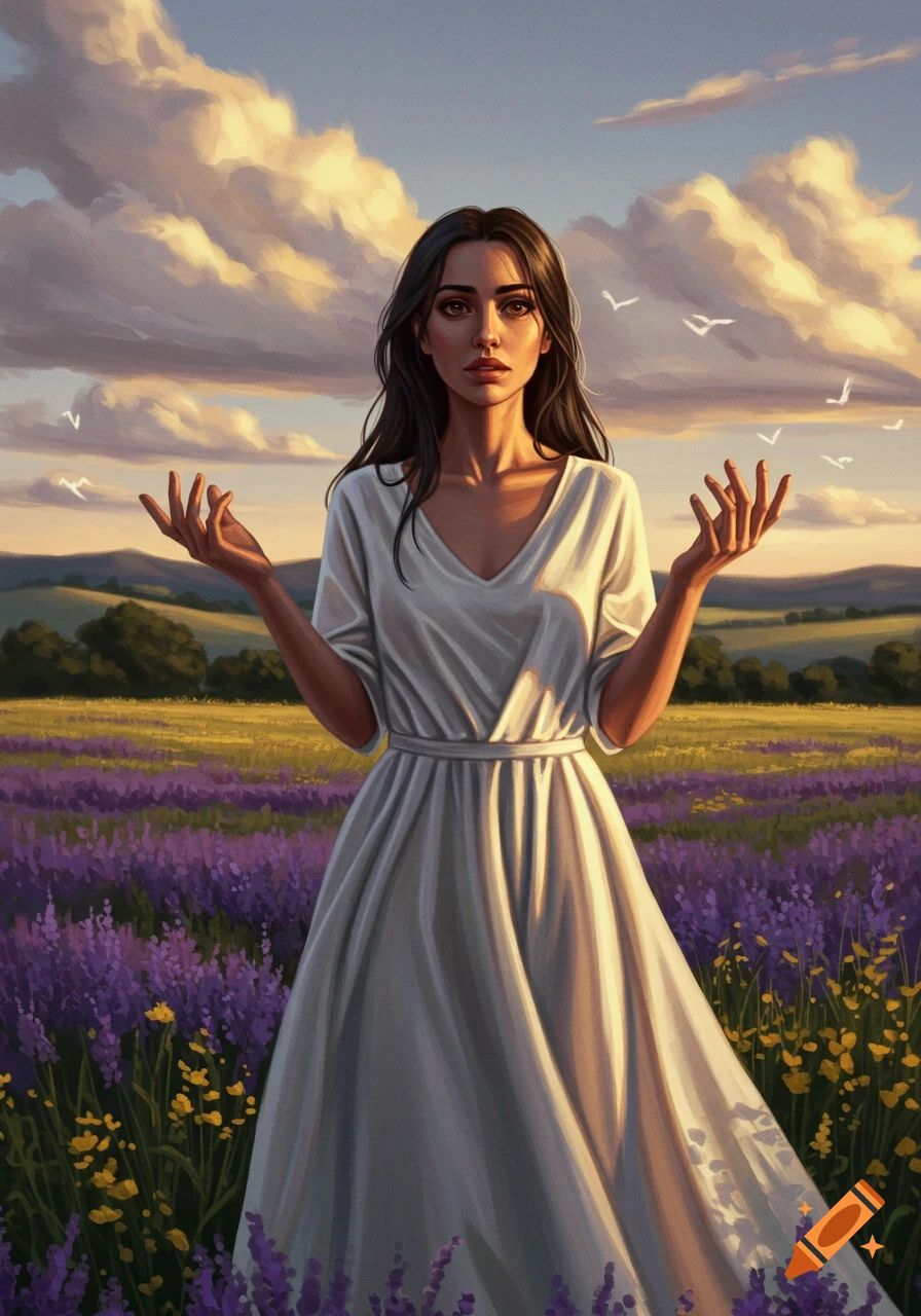 A woman in a white dress stands in a vibrant lavender field with her hands raised under a dramatic sunset sky.