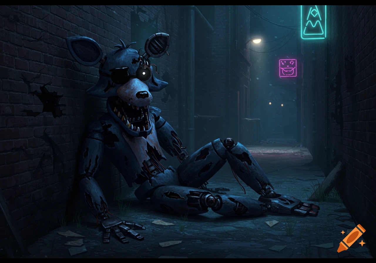 A dark blue, withered animatronic fox sits in a dark, snowy alleyway against a brick wall, with neon signs in the background.