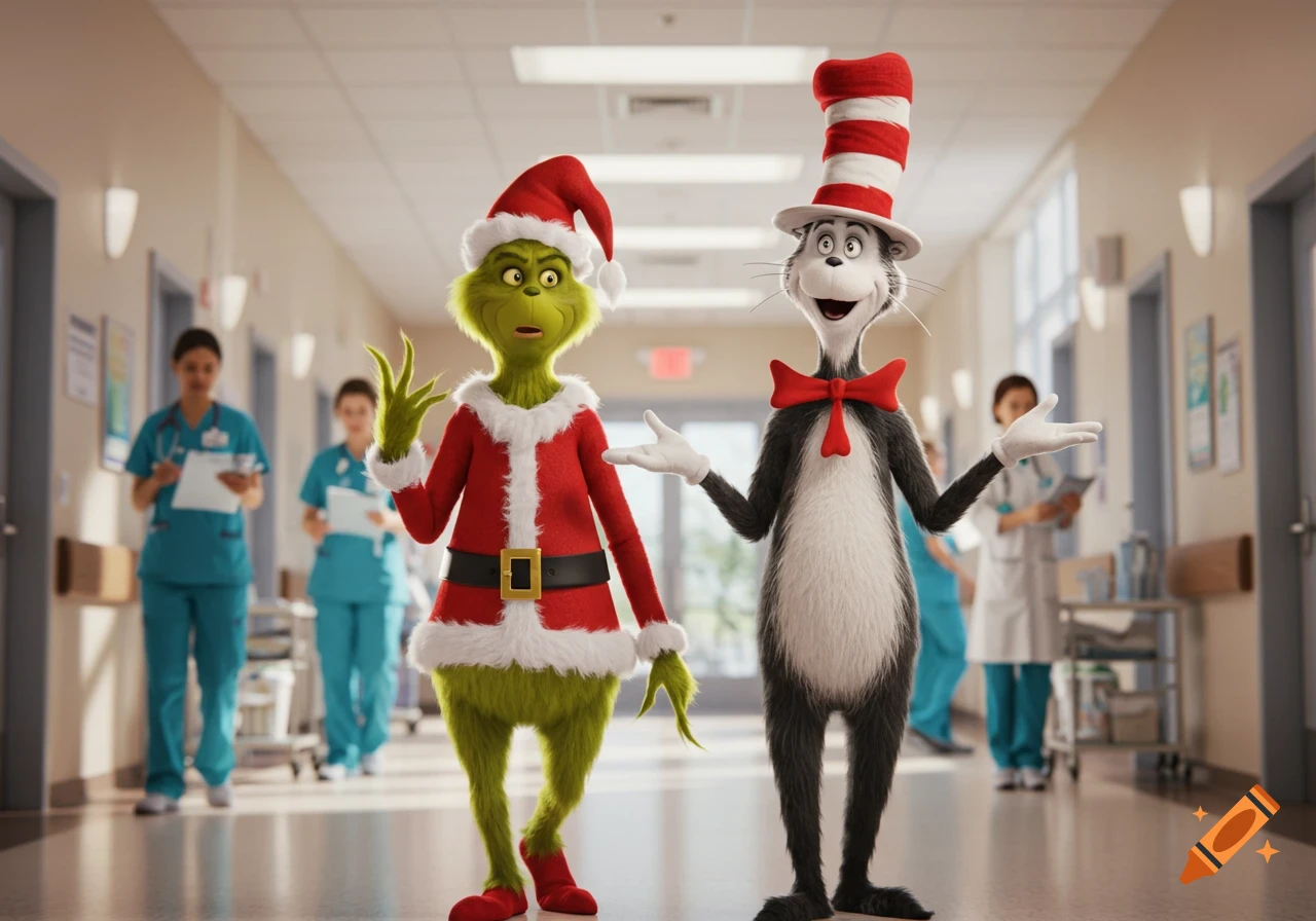 The Grinch in a Santa suit and The Cat in the Hat stand in a hospital hallway. Two nurses are in the blurred background.