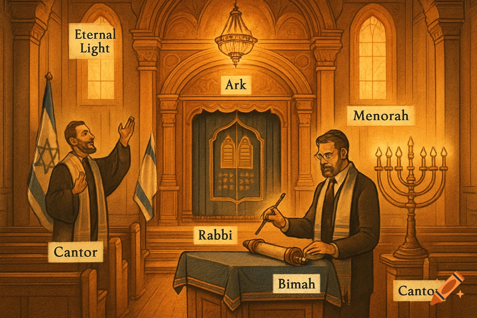 An illustrated interior of a synagogue with two men, one standing, one reading from a Torah scroll on a bimah. Labels identify elements like "Eternal Light," "Ark," "Menorah," "Cantor," and "Rabbi."