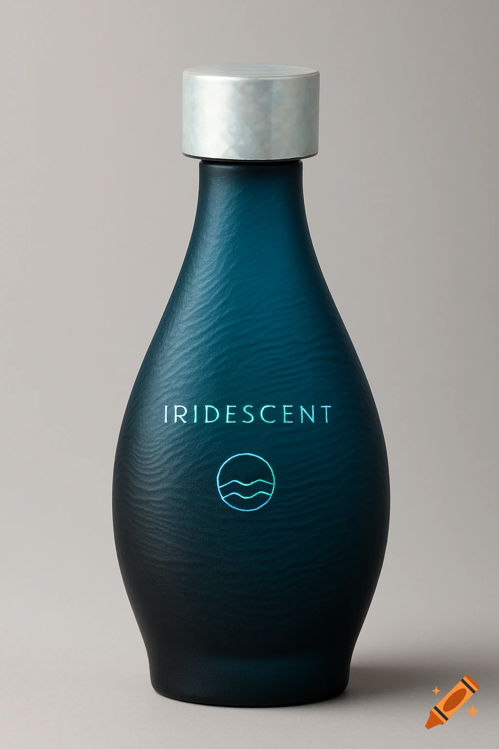 A dark teal bottle with a wavy texture and silver cap, featuring 'IRIDESCENT' text and a wave symbol.