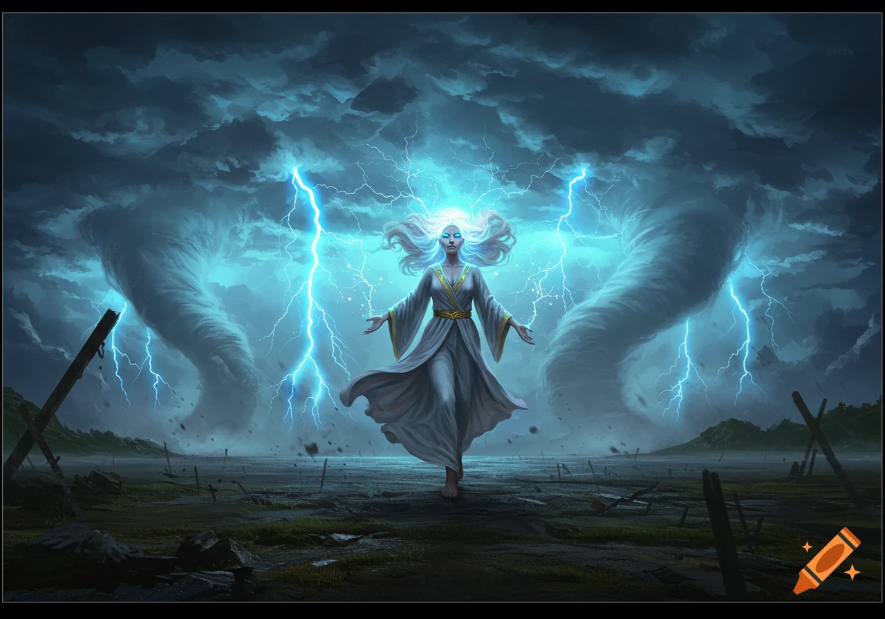 A powerful weather goddess with glowing hair stands amidst lightning and two large tornados in a desolate, stormy landscape, fantasy art.