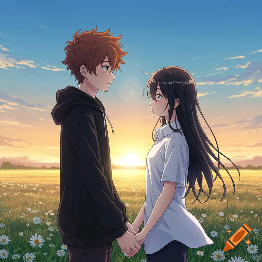 Anime-style image of a teen boy and girl holding hands in a sunlit field with daisies.