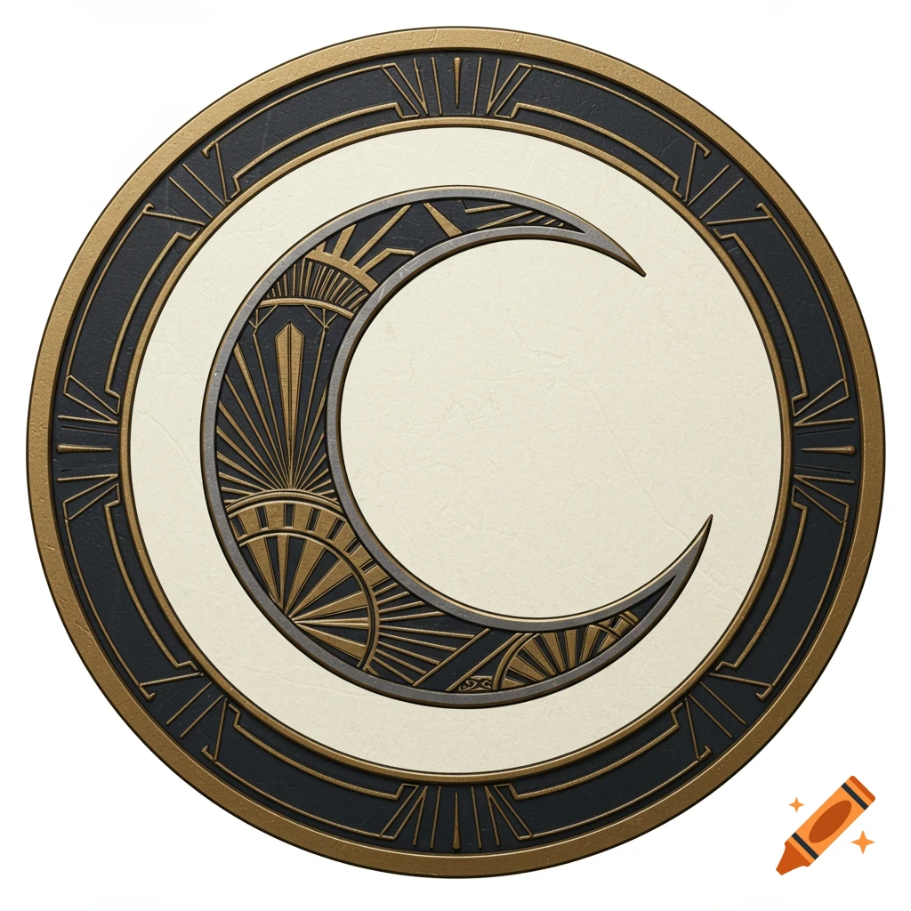 An Art Deco style circular player token featuring a gold and dark gray crescent moon symbol with sunburst patterns on an off-white background.