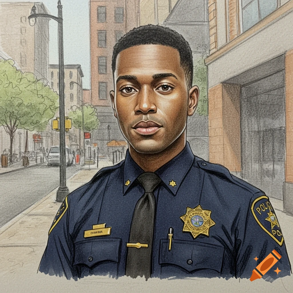 A colored pencil illustration of a young Black male police officer in uniform, standing on a city street.