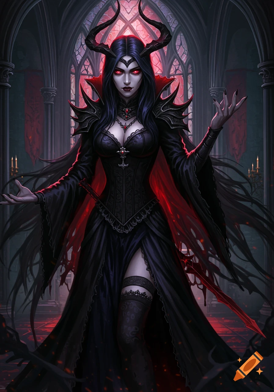 A gothic vampire queen with horns and glowing red eyes stands in a dark, ornate cathedral, wearing an elaborate black and red dress.