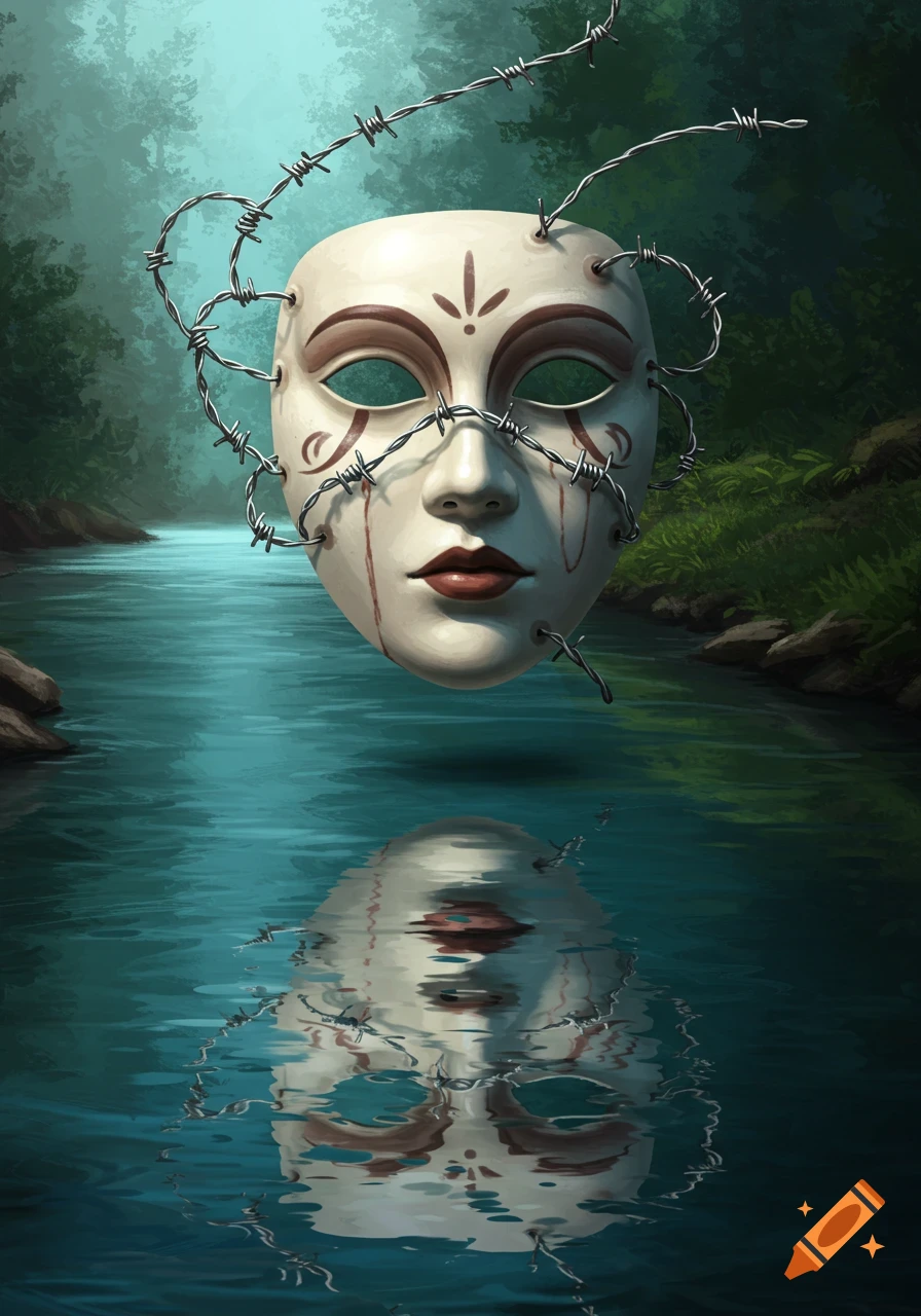 A white mask with red streaks and barbed wire floats above a blue-green river, reflecting in the water, with a forest in the background.