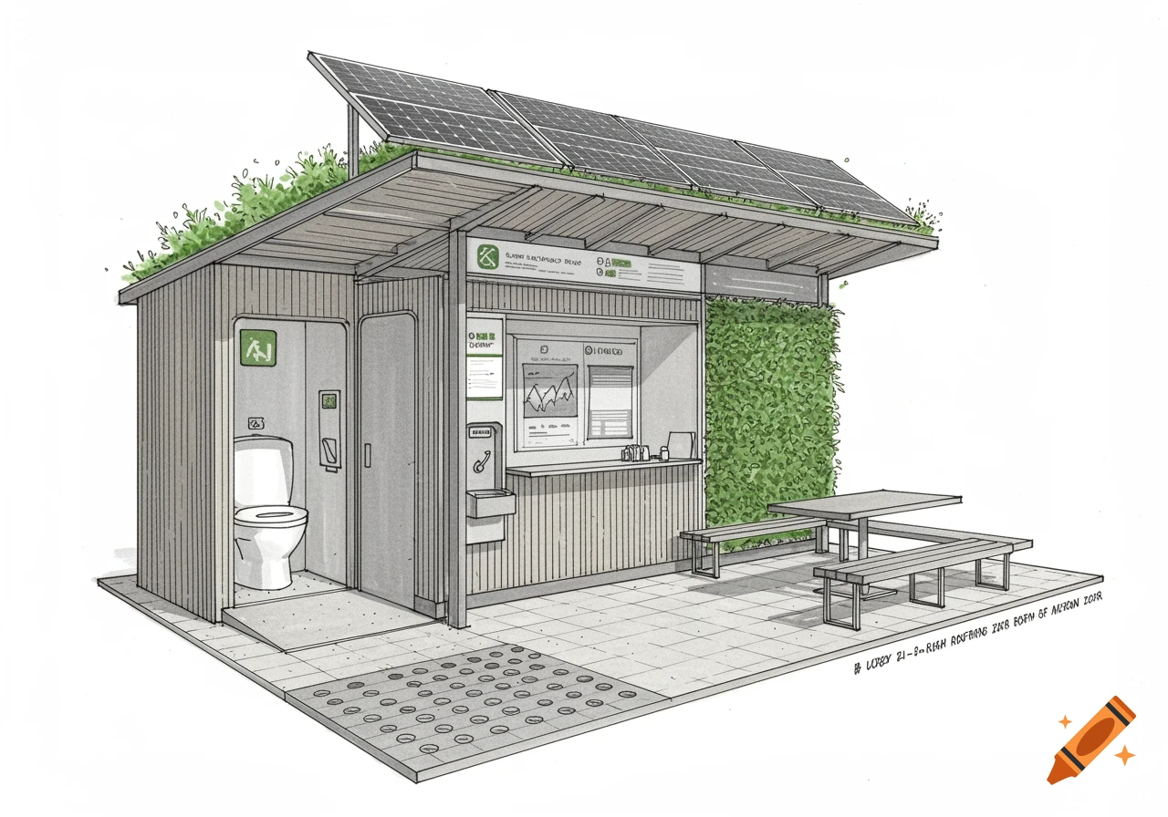 A detailed architectural sketch of a modern, eco-friendly public kiosk with a toilet, solar panels, green roof, and outdoor seating.