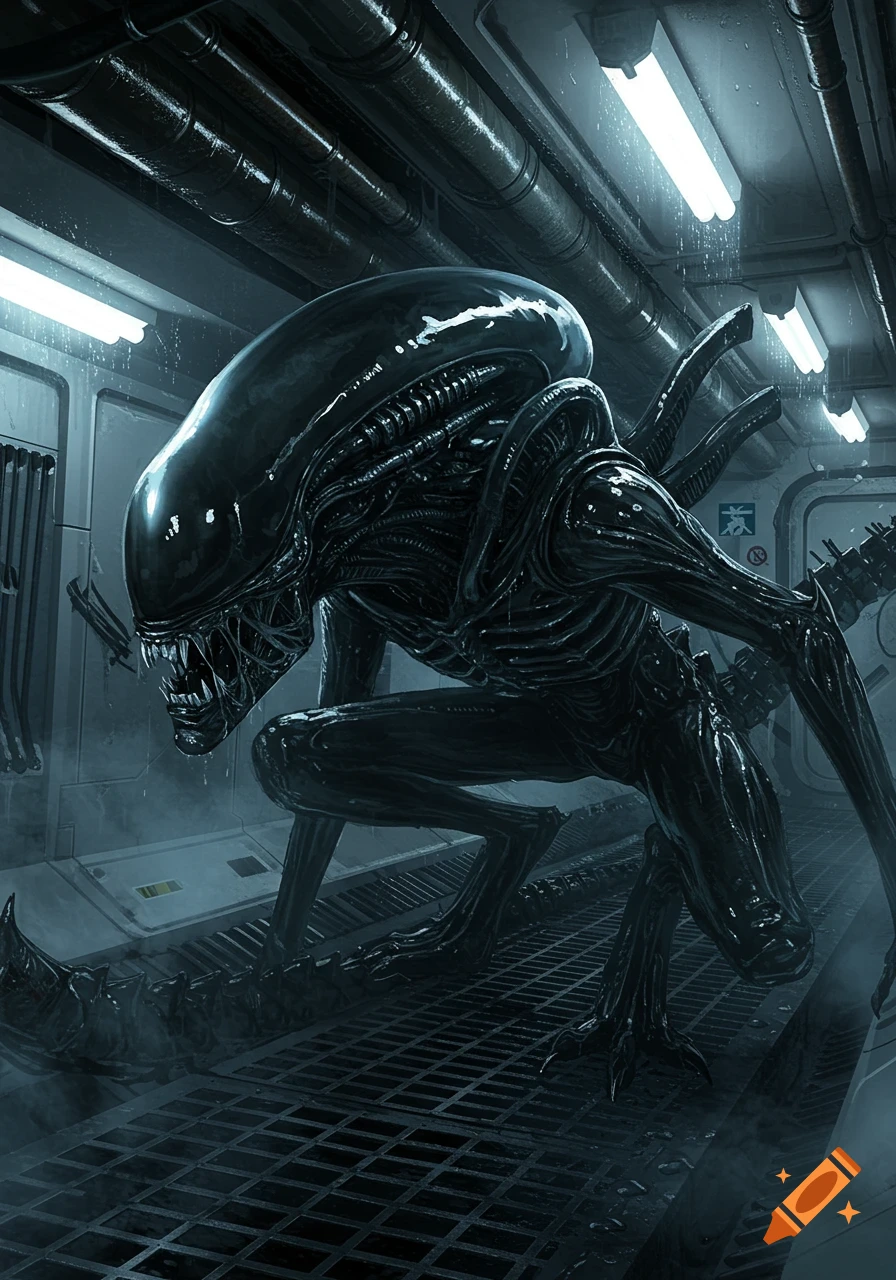A terrifying black Xenomorph alien creature crouches in a dark, metallic spaceship corridor illuminated by glowing white lights.