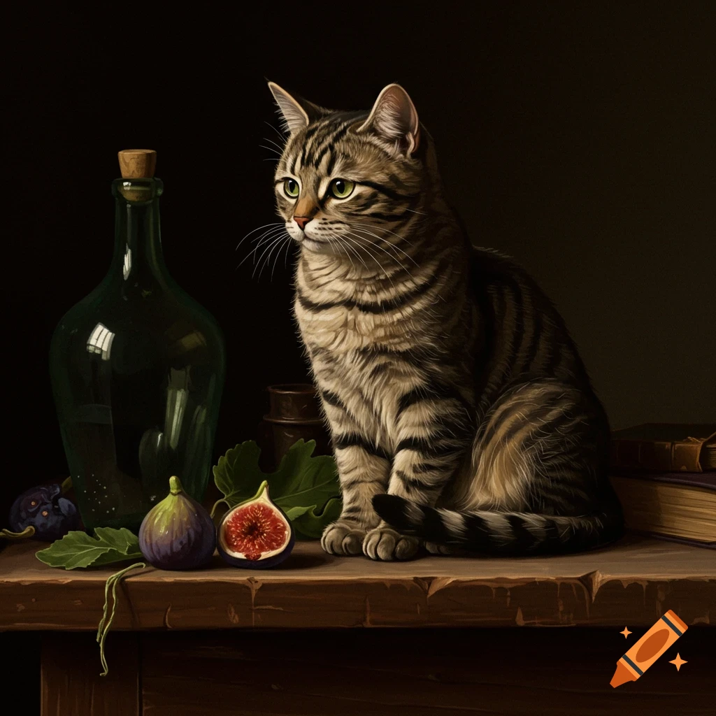 A pensive tabby cat sits on a wooden table next to a green bottle, whole figs, and a cut fig, in a Dutch masters style still life.