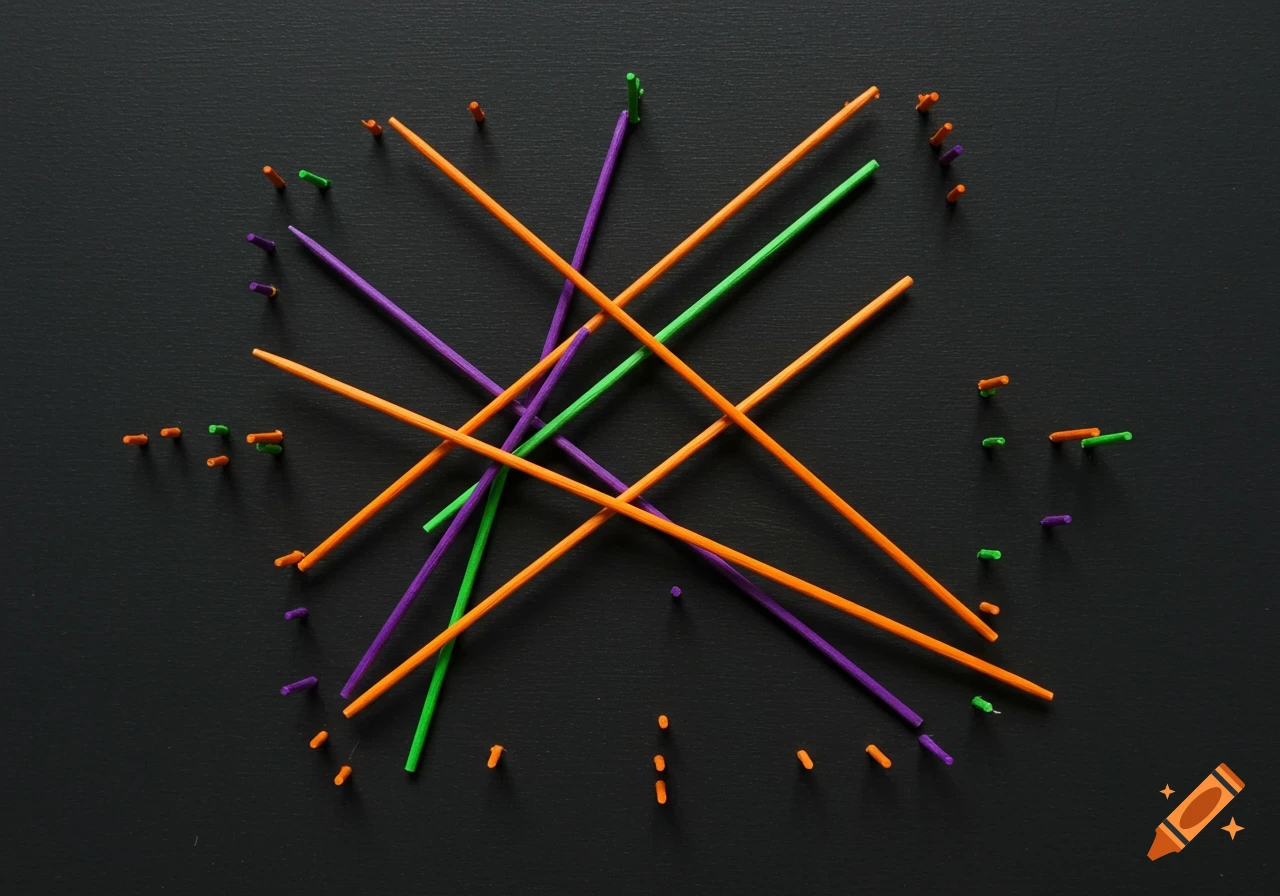 An abstract composition of orange, purple, and green toothpicks arranged on a dark gray surface, casting shadows.