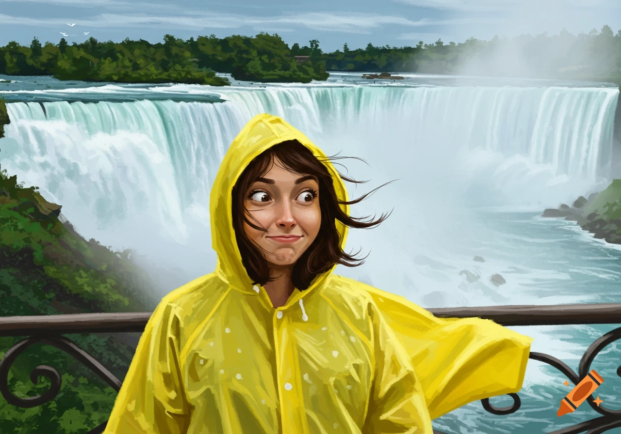 Digital illustration of a brunette in a yellow rain poncho with a silly expression in front of Niagara Falls.