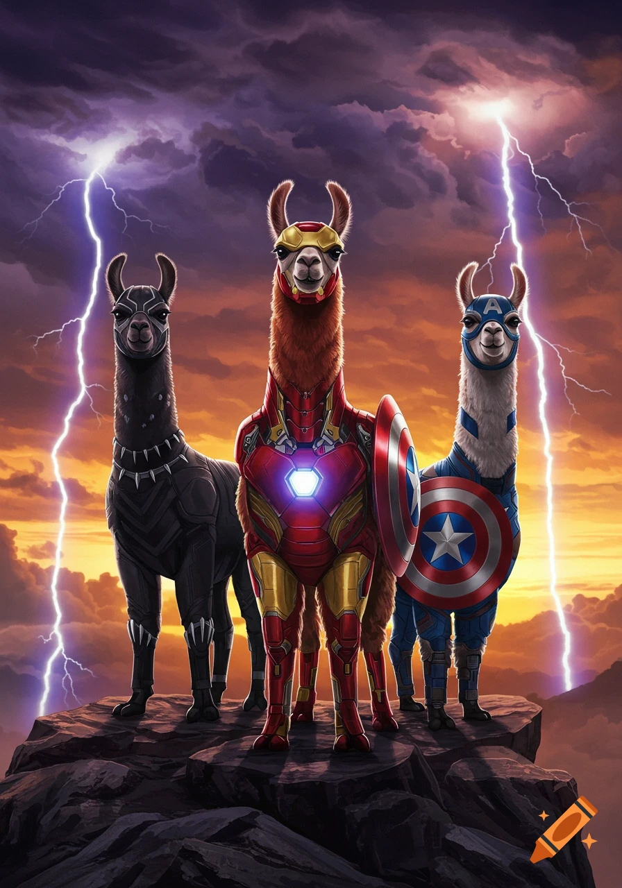 Three llamas dressed as Marvel superheroes stand on a stormy, lightning-struck cliff.