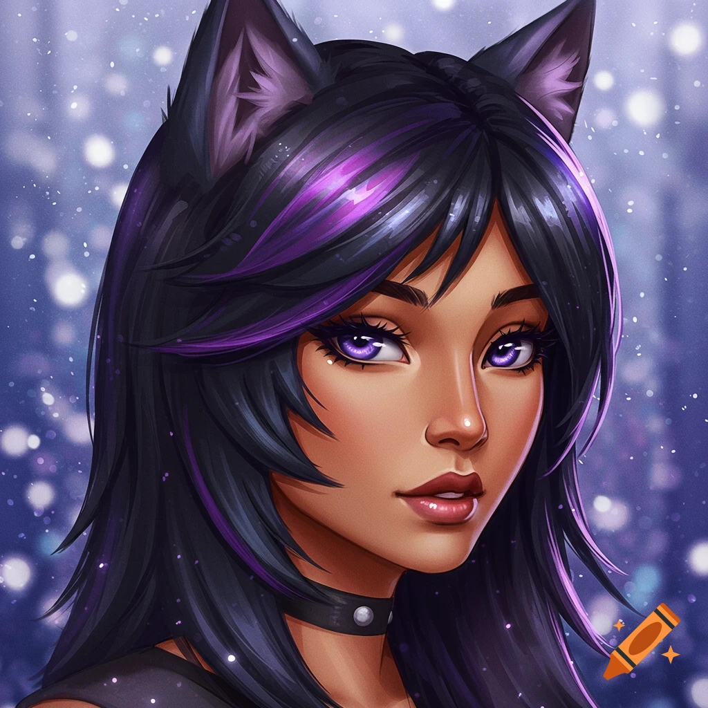 Anime portrait of a Latina character with dark hair, purple streaks, cat ears, and purple eyes against a sparkling background.