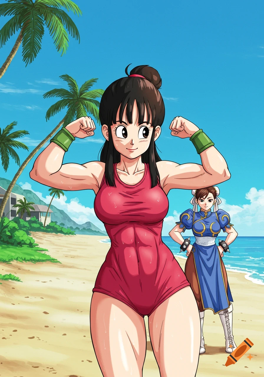 Anime scene of Chi-Chi flexing in a red swimsuit on a beach, with Chun-Li standing behind her.