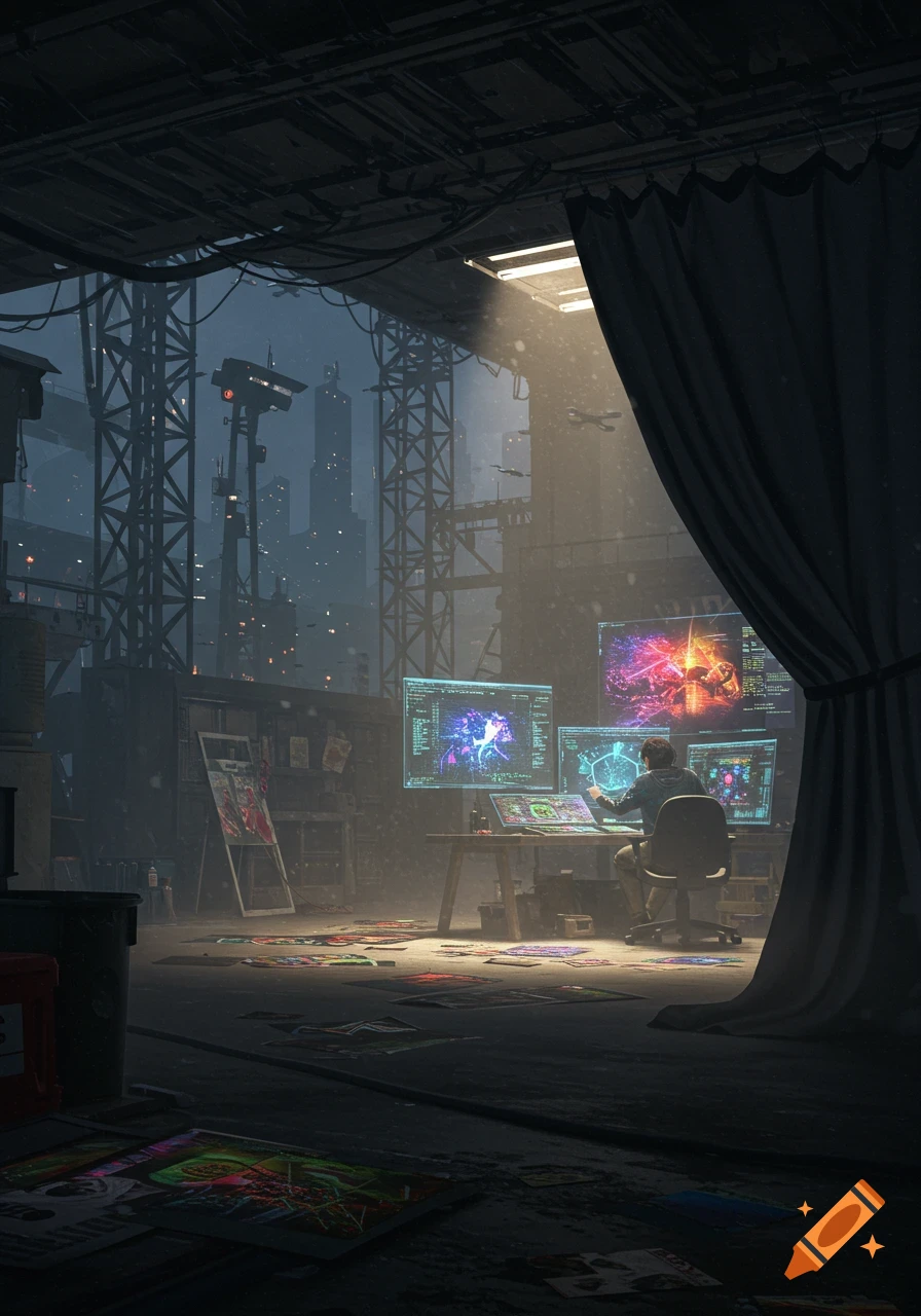 A person works on glowing computer screens displaying abstract art in a dark studio, overlooking a dystopian cyberpunk city.