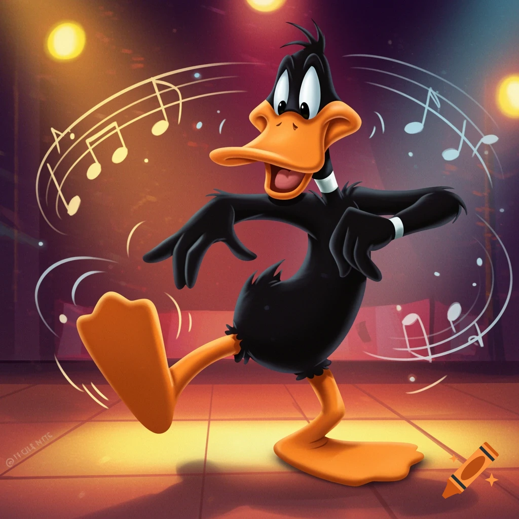 Daffy Duck dances on a spotlighted stage with musical notes floating around him in an animated style.