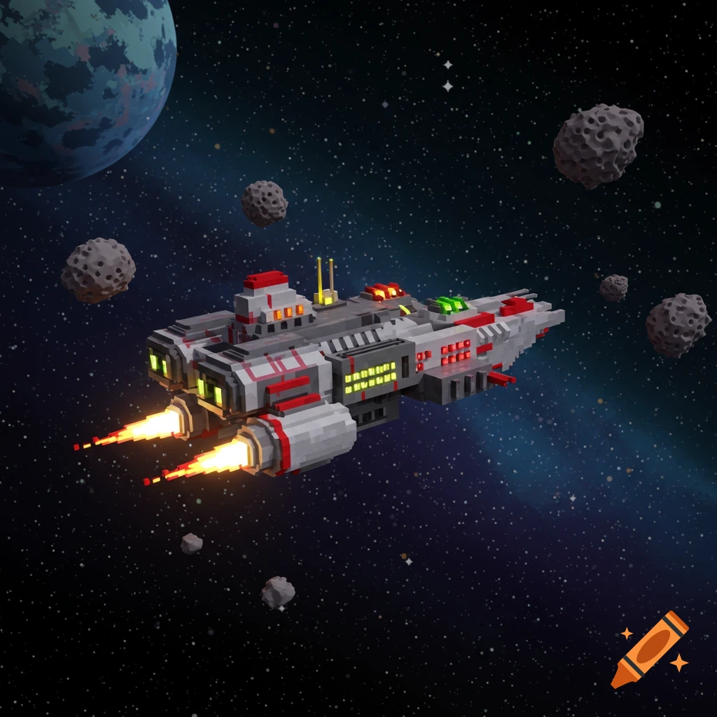 A pixelated spaceship with glowing engines flies through space near a planet and asteroids.
