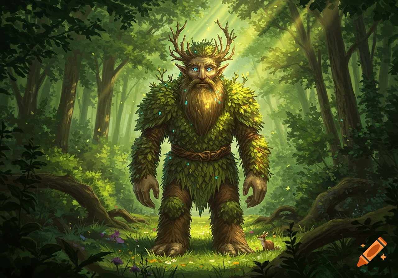 A large, leafy firbolg with antlers and a long beard stands in a sun-dappled forest with a small fox nearby, digital painting.