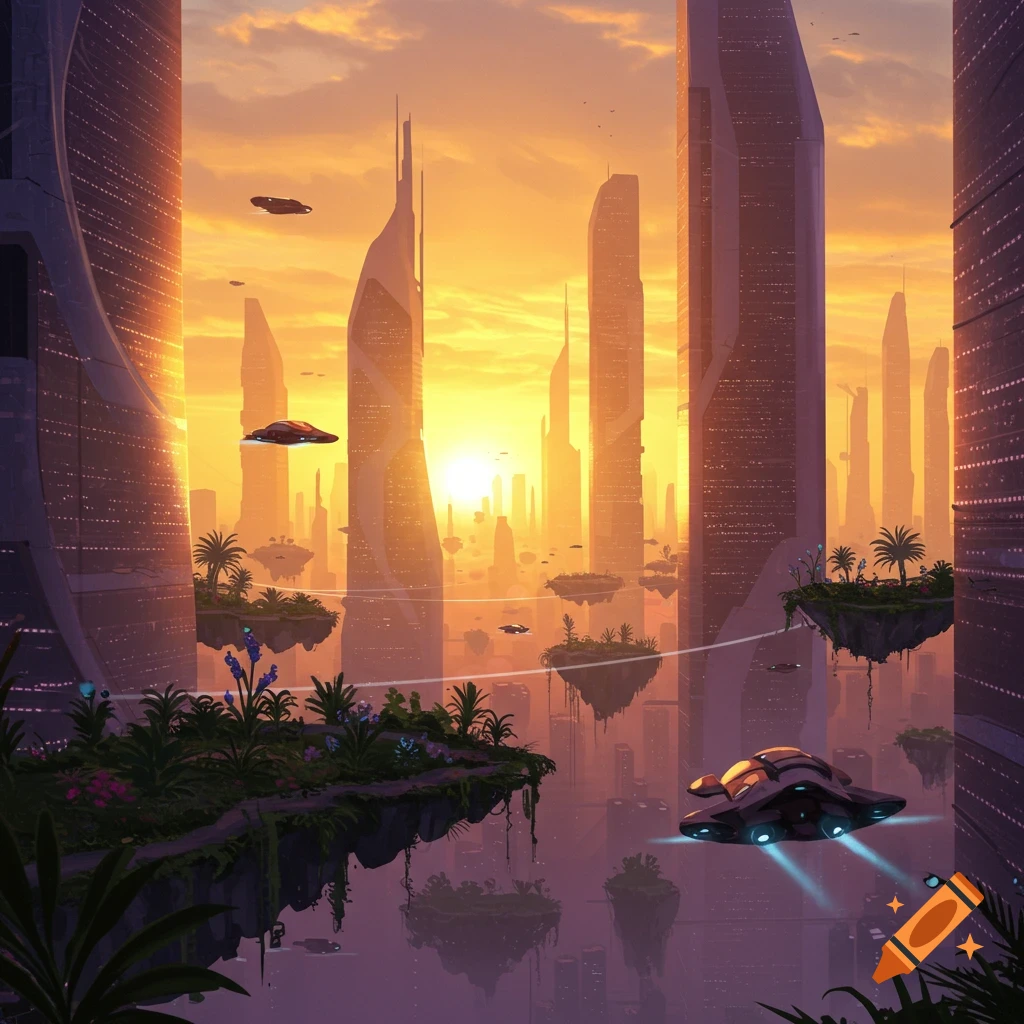 A vibrant futuristic cityscape with towering skyscrapers and flying vehicles, illuminated by a brilliant orange sunset. Floating islands with lush greenery are visible in the foreground.