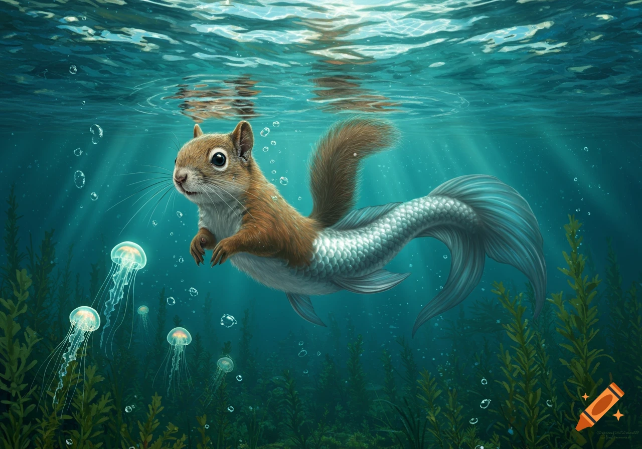 A whimsical squirrel with a mermaid-like fish tail swims gracefully underwater among glowing jellyfish and aquatic plants.