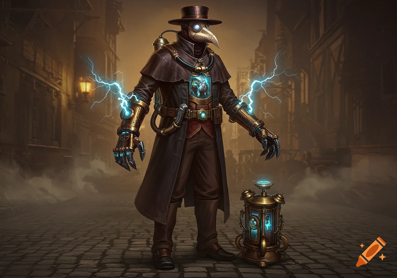 A steampunk plague doctor in a long coat, metal gauntlets crackling with lightning, and a beak mask stands near a glowing machine on a cobblestone street.