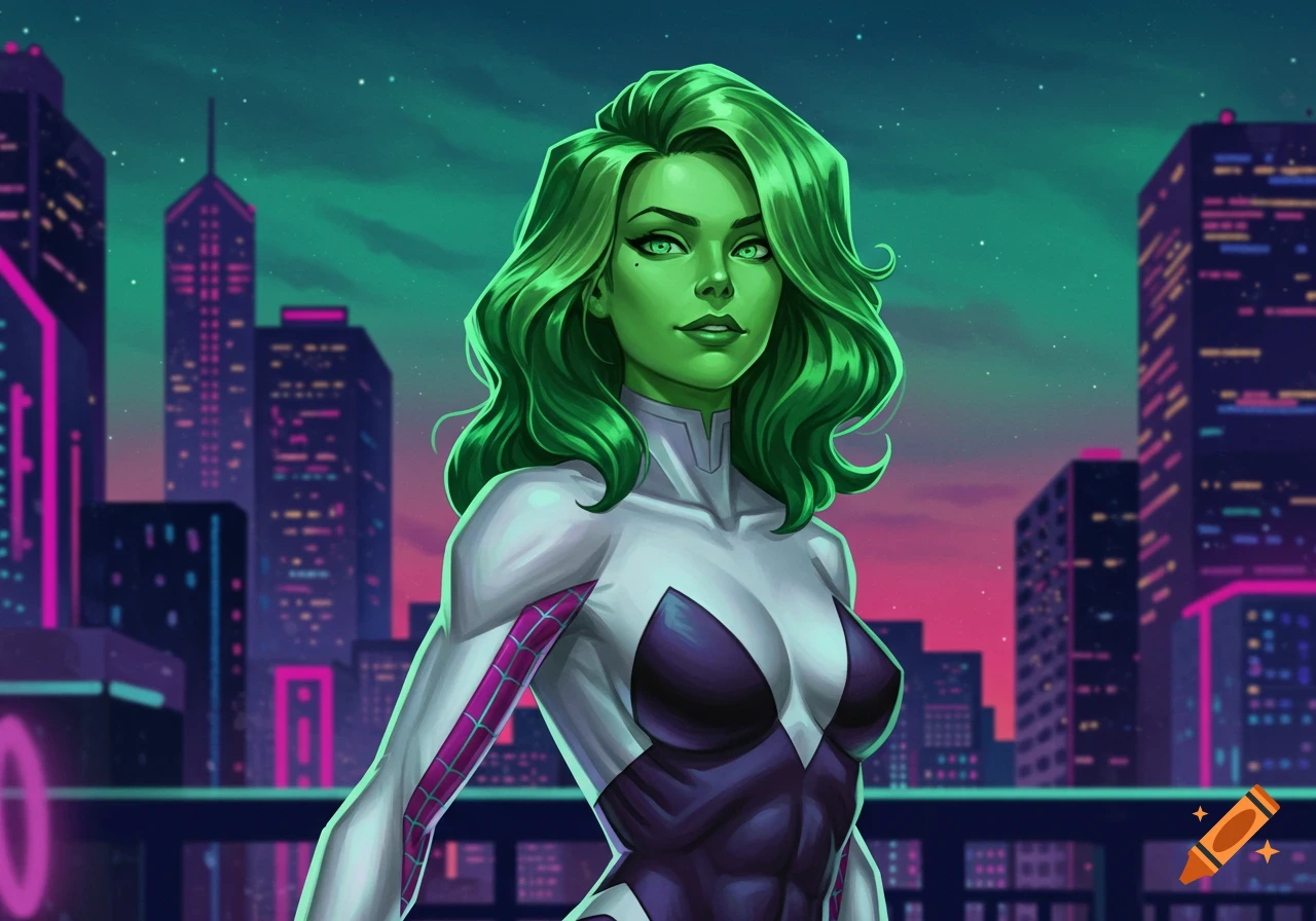 A green-skinned woman with long green hair in a white and purple superhero suit stands against a futuristic city skyline in comic book art style.