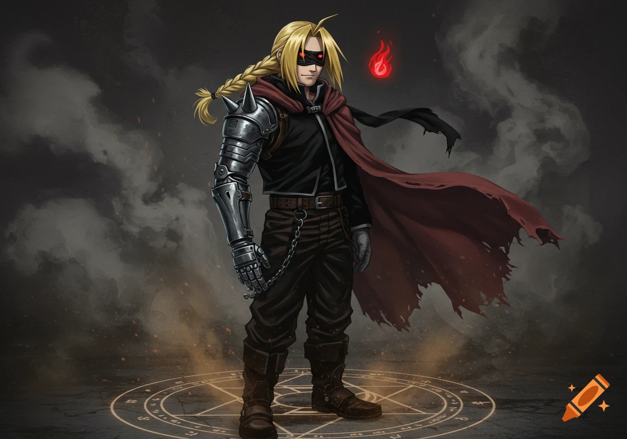 An anime-style character with blonde braided hair, a black eye mask, an automail left arm, a black shirt, dark pants, and a red tattered cape, standing on an alchemical circle with a floating red flame symbol next to him.