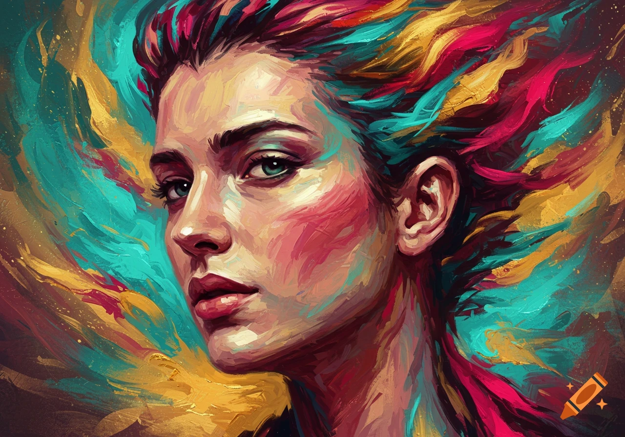 A vibrant abstract painting of a woman's face with colorful brushstrokes.