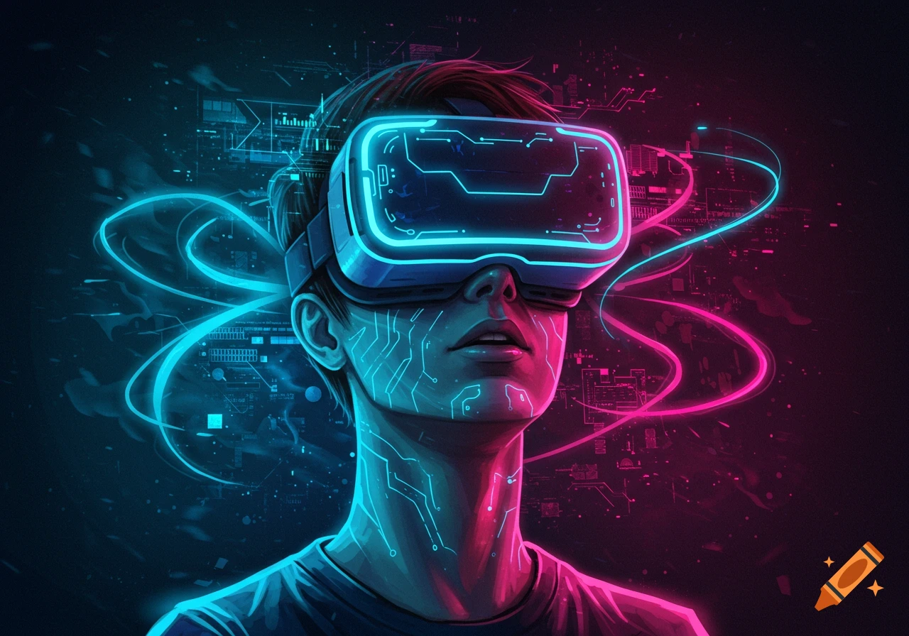 Stylized portrait of a person wearing a glowing blue VR headset with circuits on their face, against a dark background with neon pink and blue lights.