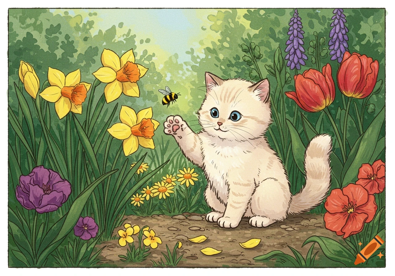 A cute hand-drawn illustration of a kitten playing with a bumble bee in a colorful flower garden.