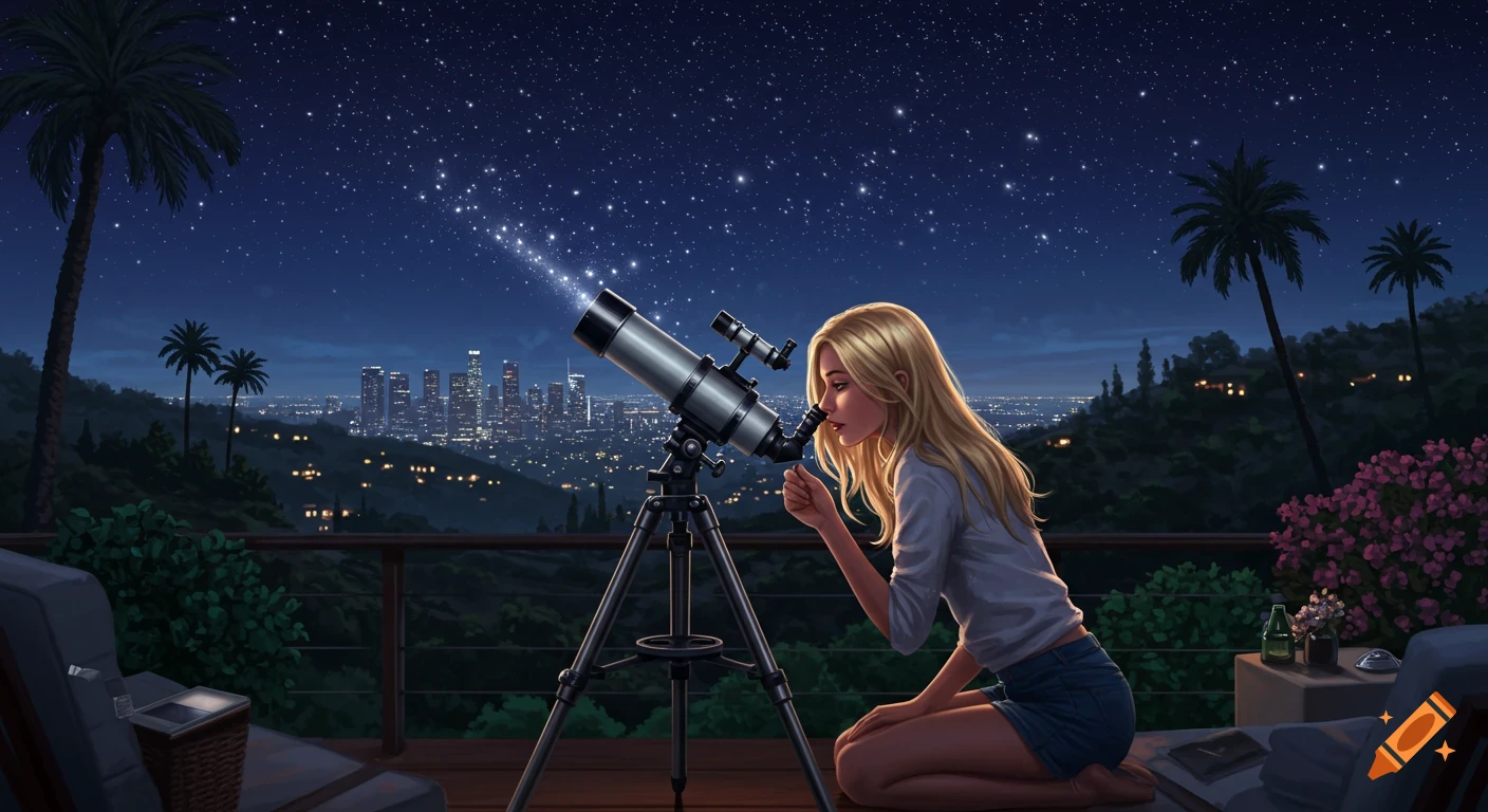 A blonde woman kneels, looking through a telescope at the starry night sky above a glowing city skyline from Hollywood Hills.