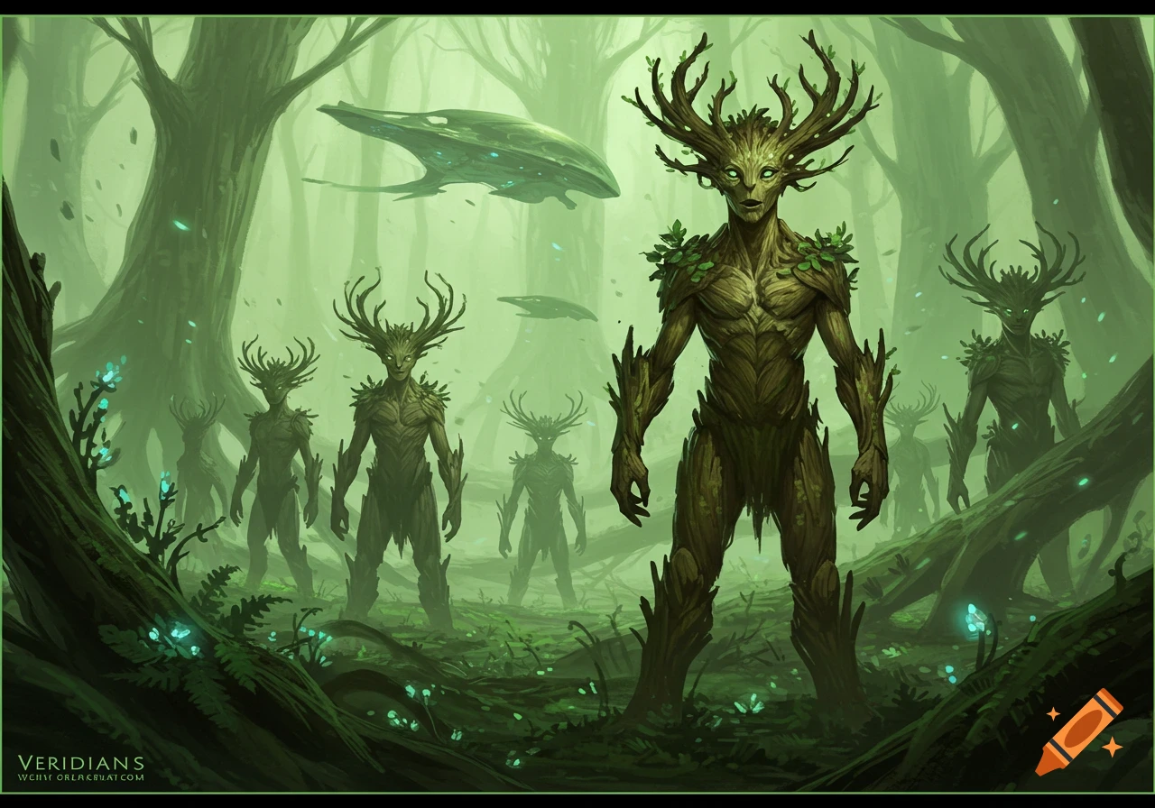Tree-like humanoid creatures with antlers stand in a misty green forest with organic-looking flying ships overhead, in a digital painting style.