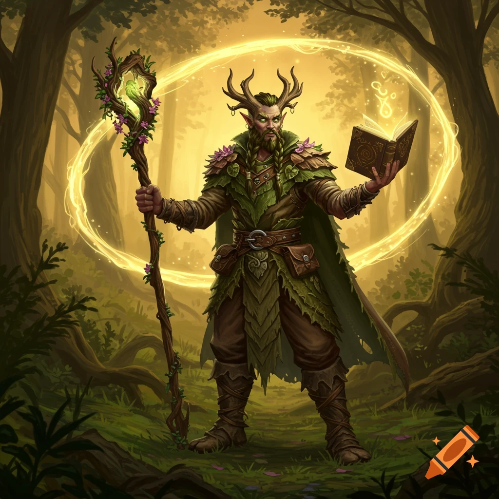 A horned male druid in green leaf armor holds a staff and spellbook, casting a golden magic spell in a sunlit forest.