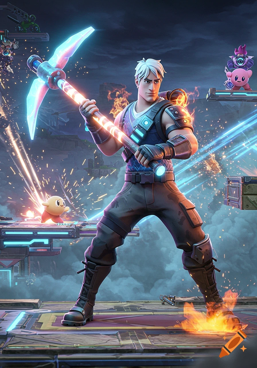 Jonesy from Fortnite holds a glowing pickaxe in a Super Smash Bros. arena, with Kirby and other characters in the background, amidst glowing sparks.