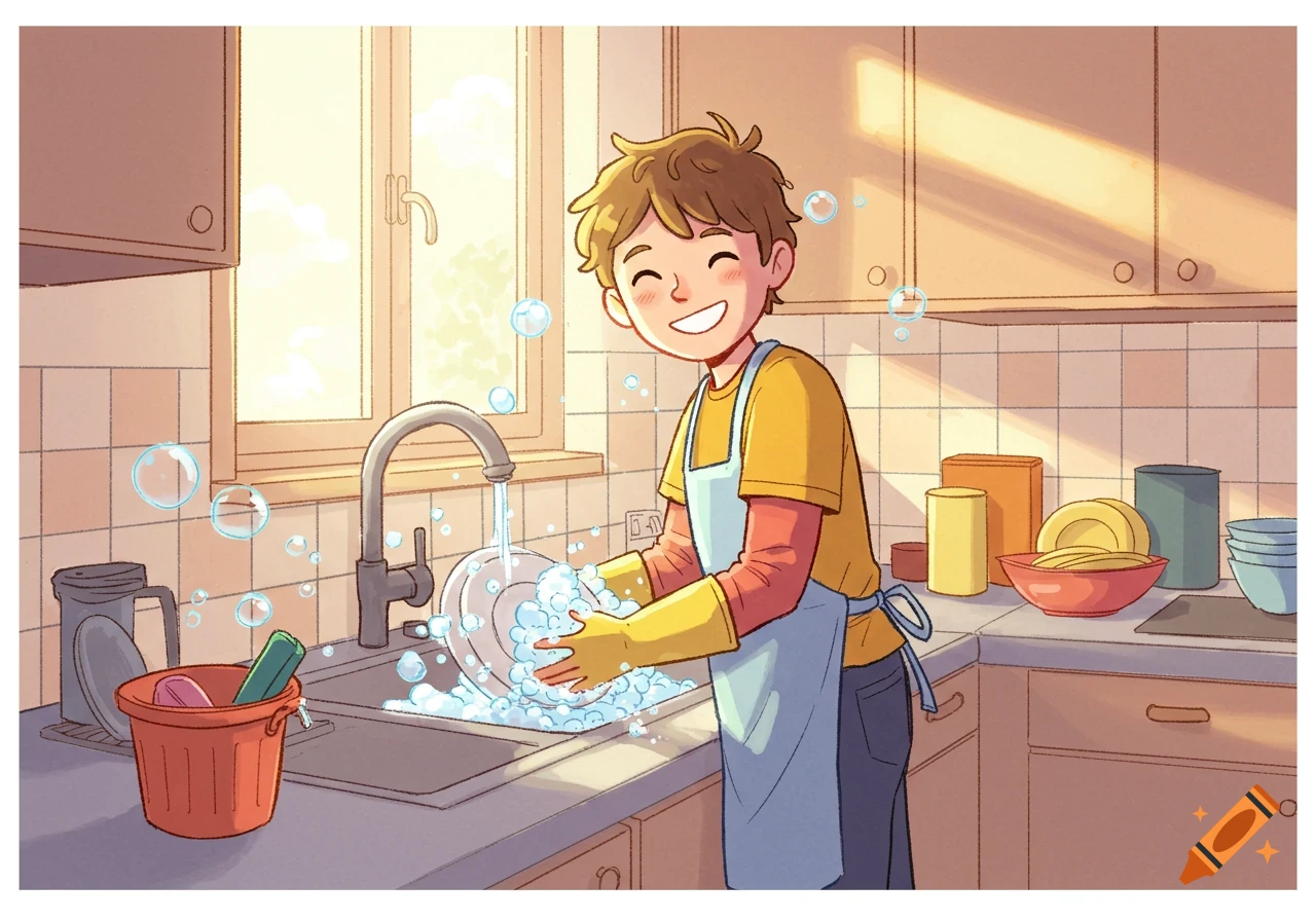 A smiling boy in an apron and yellow gloves washes dishes at a sunny kitchen sink in a cartoon style illustration.