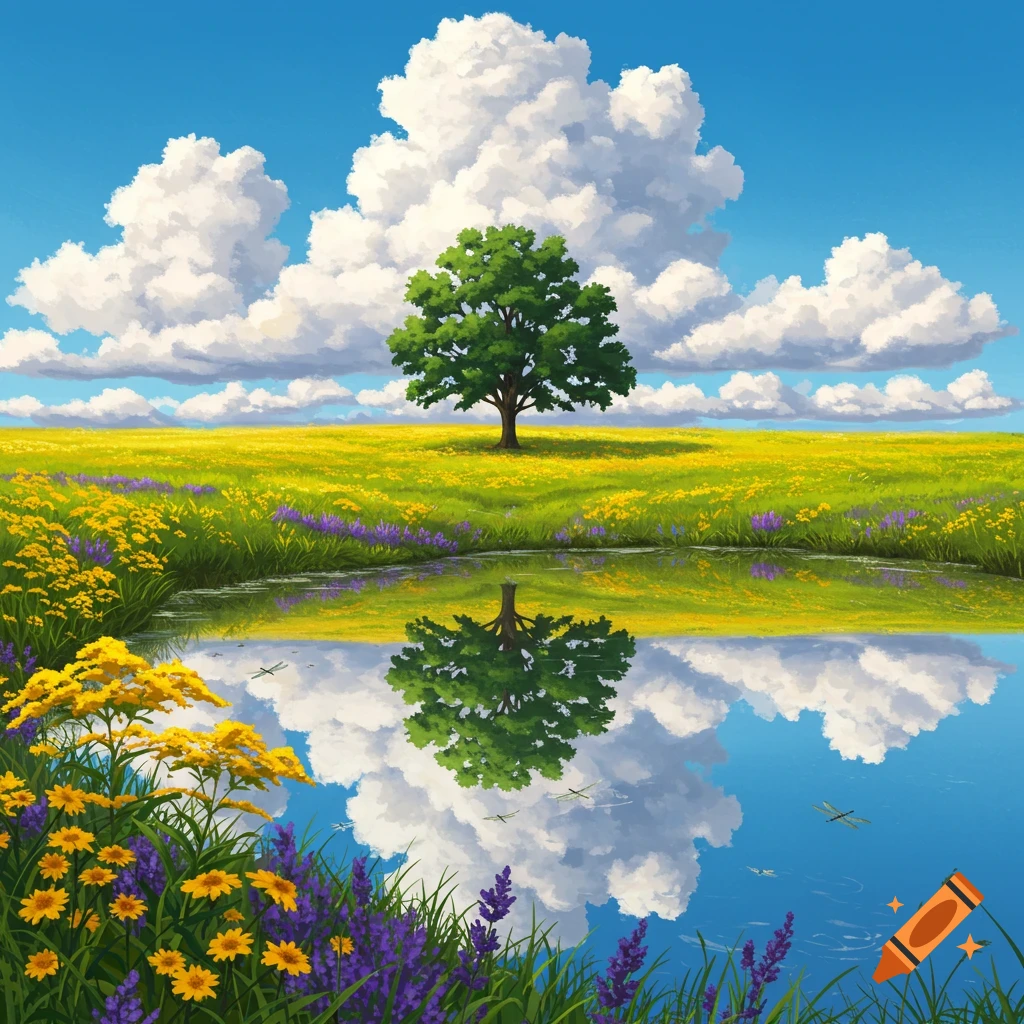 Stylized vibrant landscape with a lone tree in a yellow flower field, reflected in a blue pond under a bright sky with white clouds.