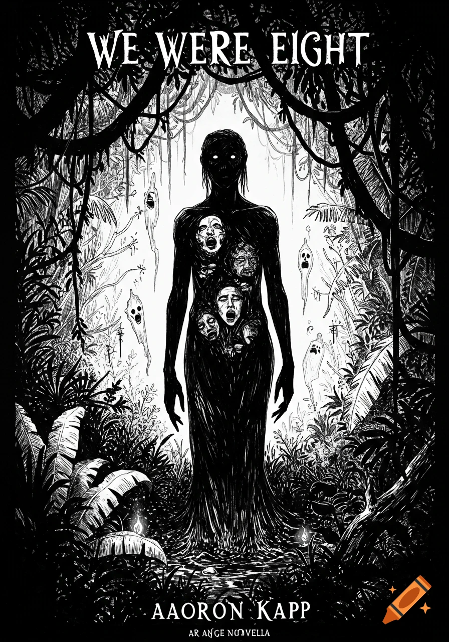 A black and white ink drawing of a shadowy humanoid figure with screaming faces emerging from its body, standing in a tangled jungle.