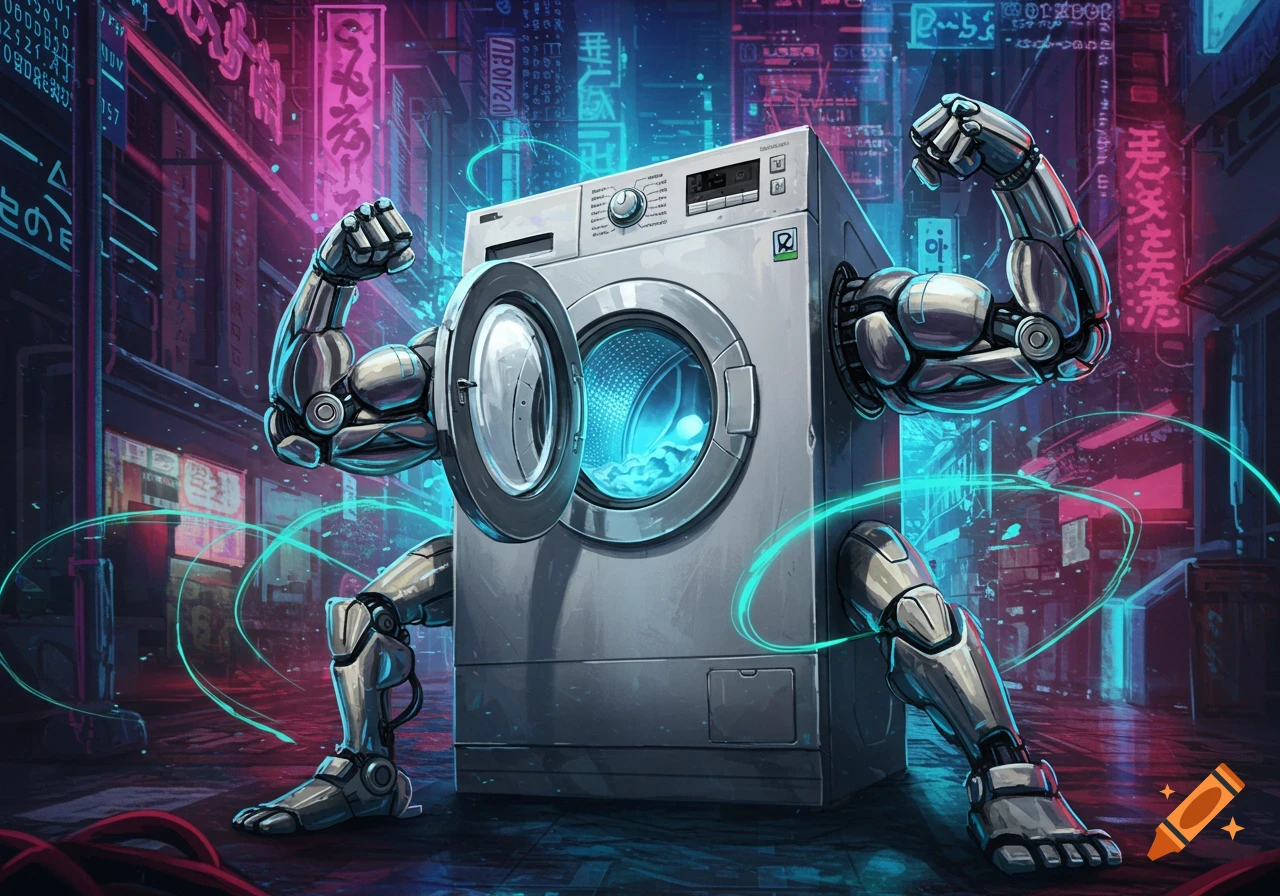 A washing machine with powerful robot arms and legs flexes its muscles in a neon-lit cyberpunk city street, in an anime art style.