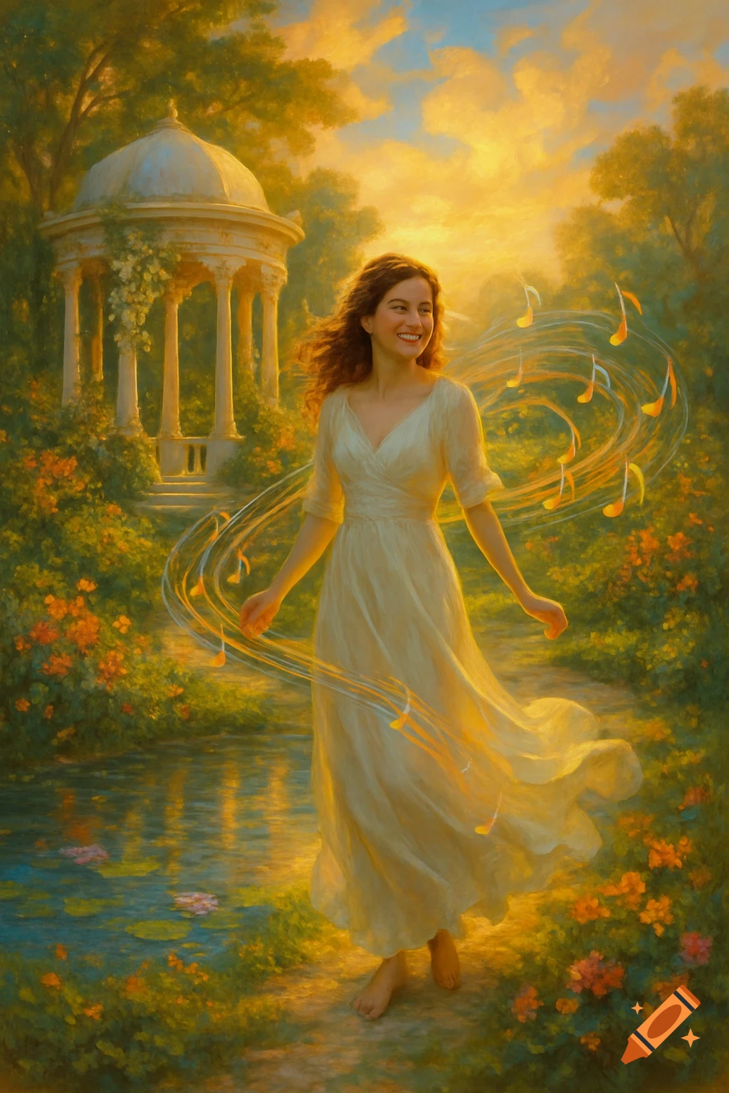 A smiling woman in a flowing white dress walks barefoot through a lush, sunlit garden with a gazebo and floating musical notes, in a painterly style.