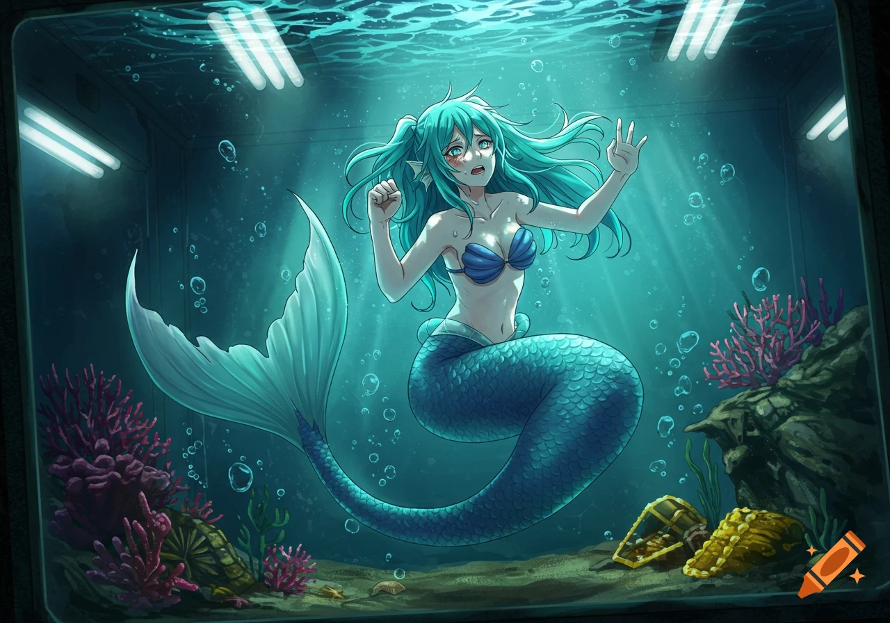 Anime art drawing of a distressed teal-haired mermaid in a blue bikini and tail, trapped in an aquarium with coral and treasure chests.