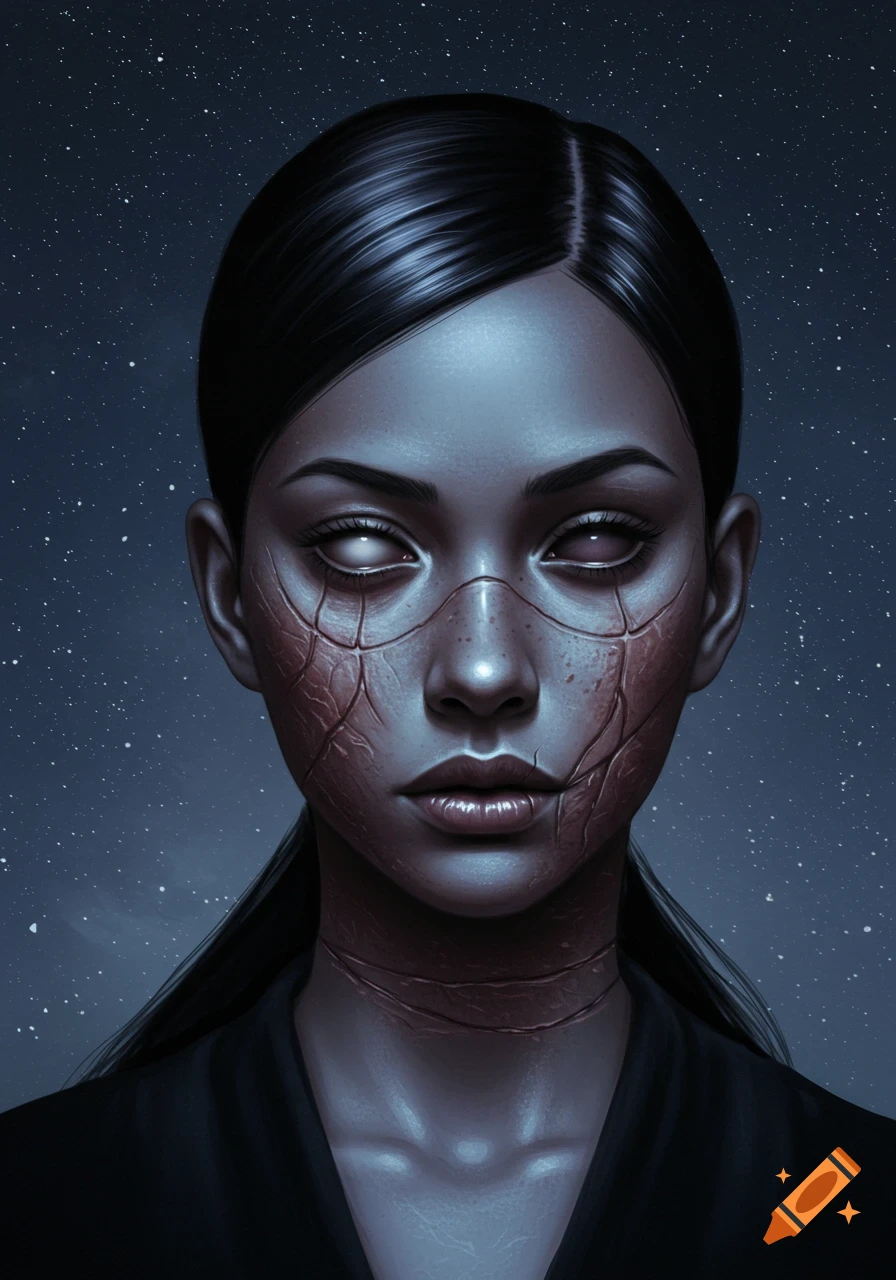 Close-up portrait of a woman with severely scarred skin on her face and neck, and pale, pupil-less eyes, against a starry night sky.