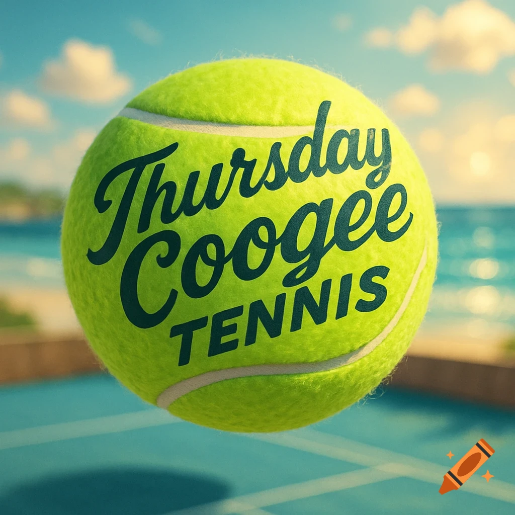 A bright green tennis ball with 'Thursday Coogee TENNIS' written on it, floating above a blue court with an ocean background.