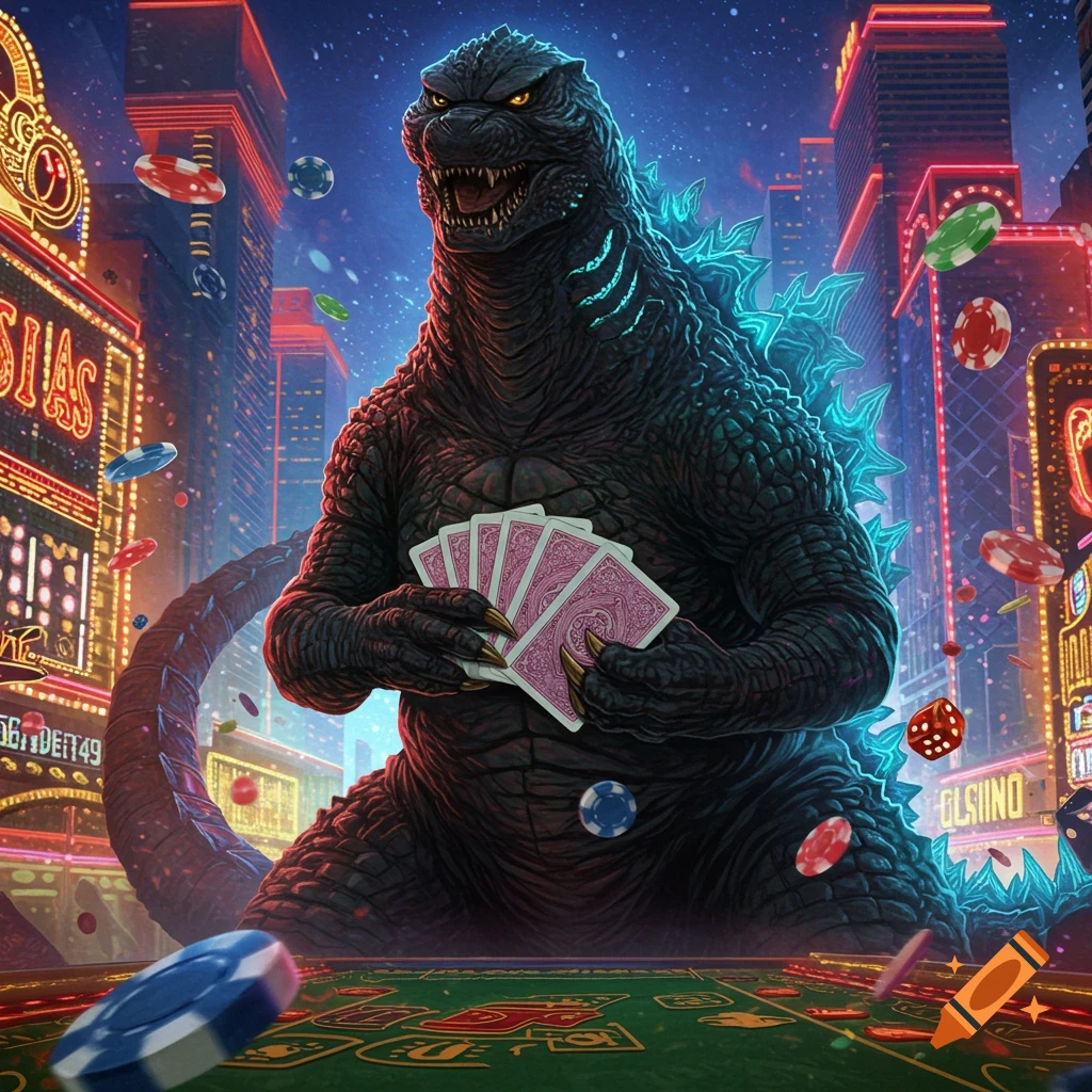 Godzilla holding playing cards at a poker table in a neon-lit city casino with floating poker chips and dice.