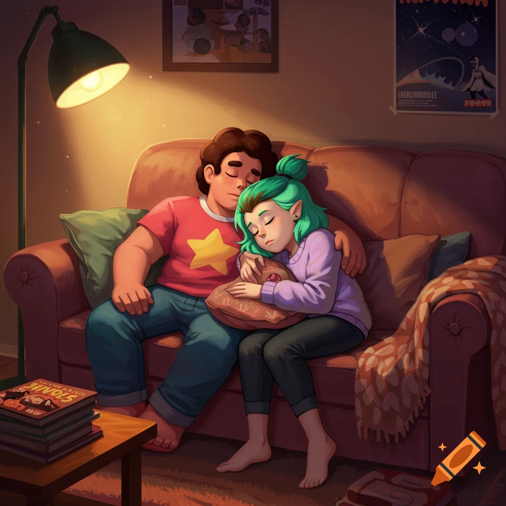 Steven Universe and Amity Blight are sleeping peacefully on a comfortable couch under a warm lamp light, in a cozy living room setting.