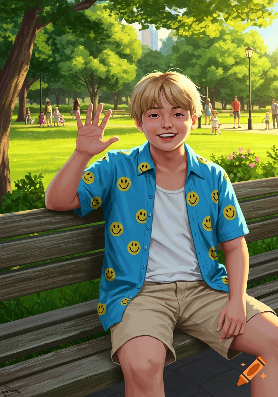 An illustration of a young man with blonde hair sitting on a park bench, smiling and waving, wearing a blue shirt with yellow smiley faces.
