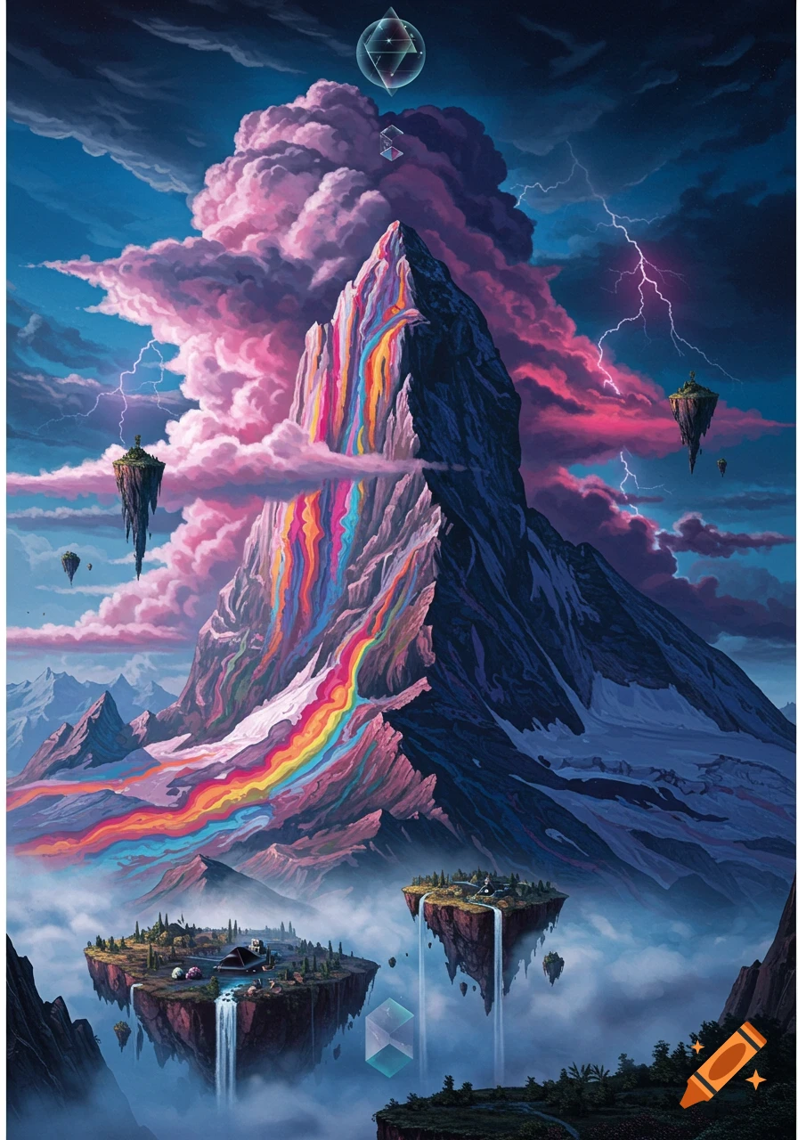 A vibrant, surreal painting of a mountain with a rainbow flow, pink clouds, lightning, and floating islands with waterfalls.