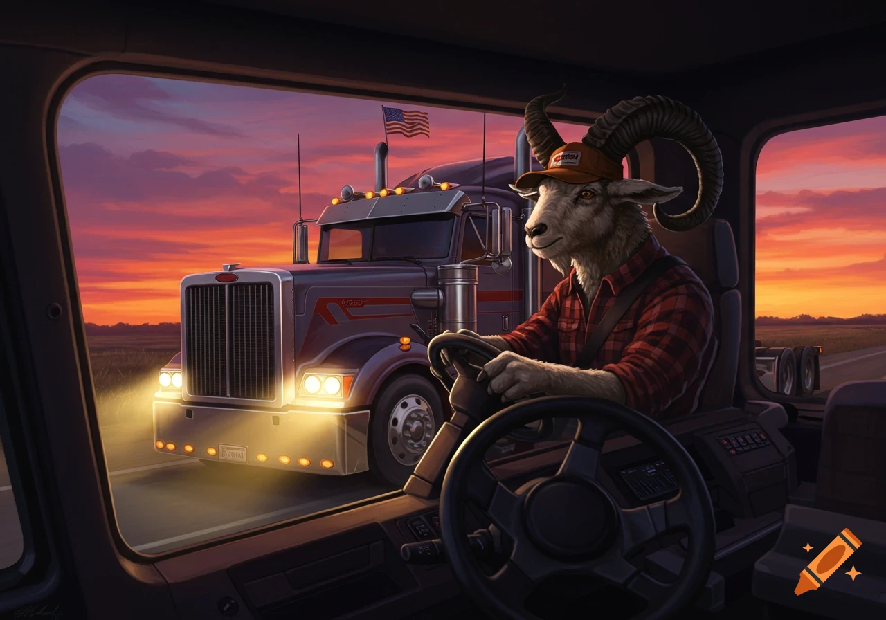 An anthropomorphic goat wearing a baseball cap and plaid shirt drives a semi-truck at sunset, viewed from inside another vehicle.